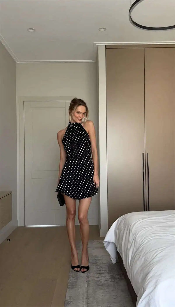 Hyacinthe Polka-Dot Tie-Halter Backless A-Line Mini Dress