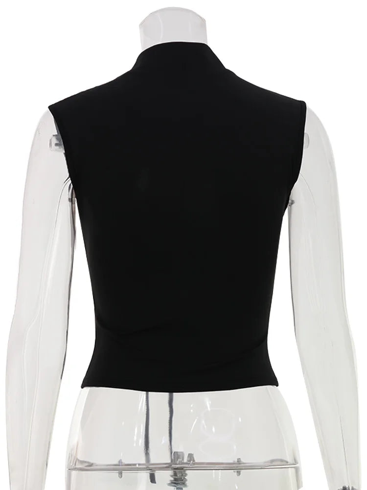 Huhugirl Fashion 2026 New T-Shirts Tees Tops Hollow Out Solid Slim Sleeveless Half High Collar Party Dark Club Street Style Chic