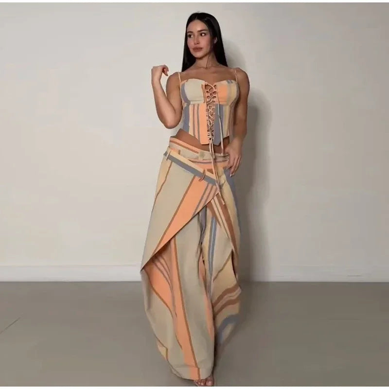Valentina Striped Lace-Up Tube Top & Wrap Wide-Leg Pants Two-piece