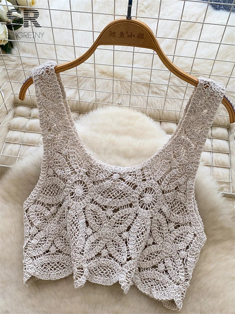 Florienne Crochet Floral Crop Top & Wide-Leg Shorts Two-piece
