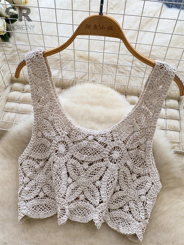 Florienne Crochet Floral Crop Top & Wide-Leg Shorts Two-piece