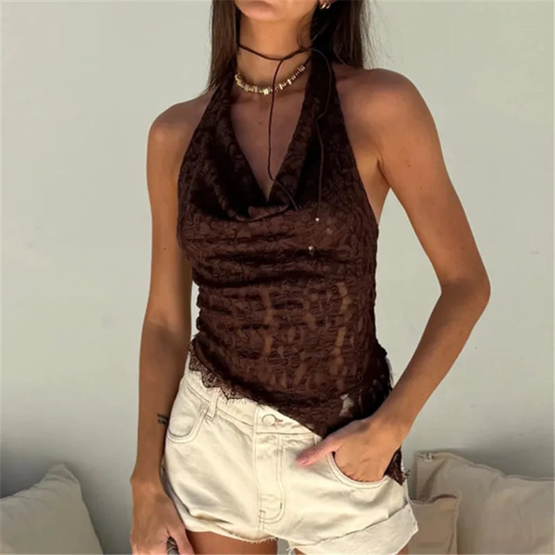 Vera Lace Halter Cowl-Neck Asymmetric Mesh Slim Cami Top
