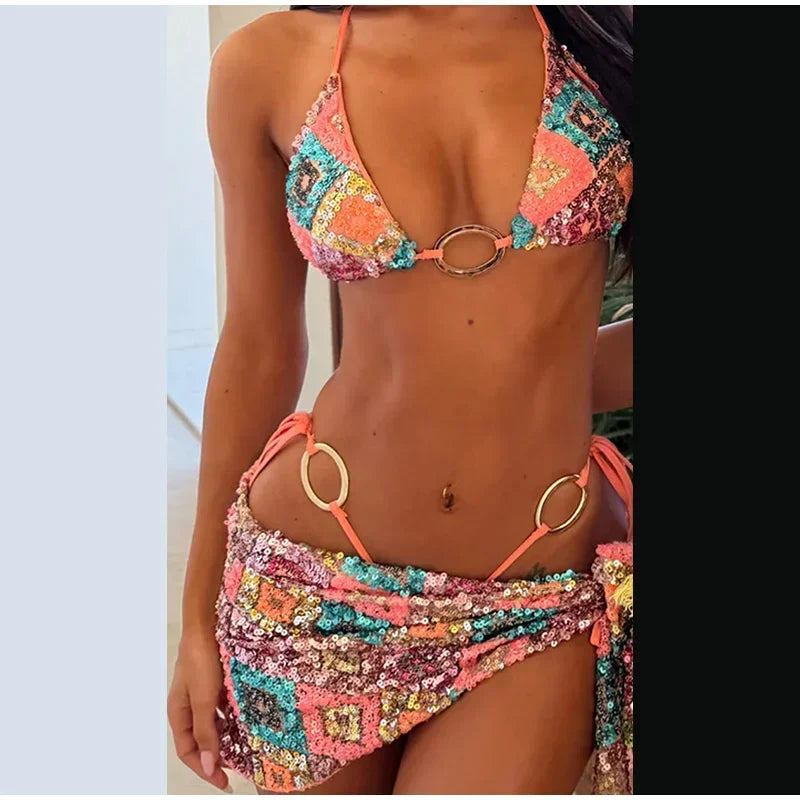 Briony Sequin Lace Bikini Three-Piece