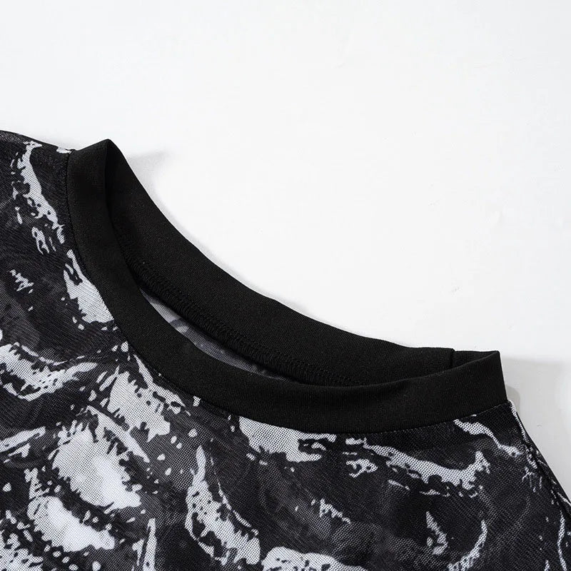 Morticia Skeleton Print Sheer Mesh Long-Sleeve Top One-piece