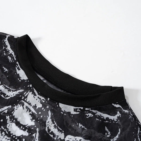Morticia Skeleton Print Sheer Mesh Long-Sleeve Top One-piece
