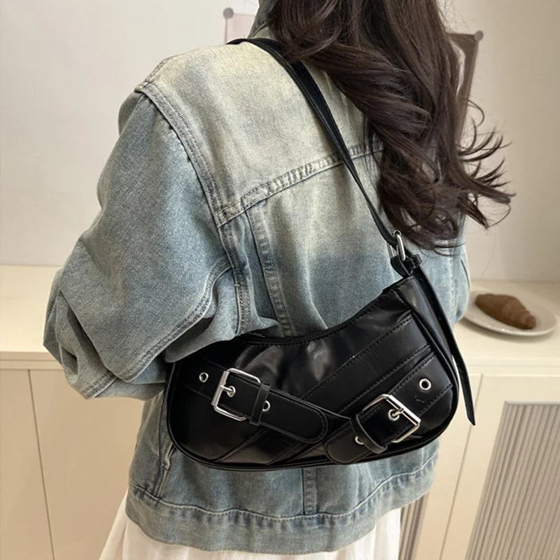 Y2K Vintage PU Leather Women Shoulder Bag Small Crossbody Bag Fashion Ladies Underarm Bag Clutch Purse and Handbag