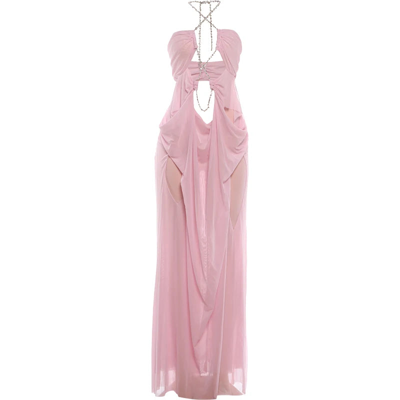 Marisabel Sheer Mesh Chain-Halter Ruched Backless Maxi Dress