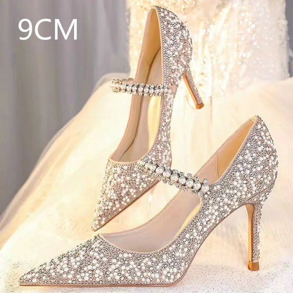 Crystal Women Wedding Pumps One Strap Pointed Toe Famous Shoes Ladies Elegant Spring Summer Stiletto Heels Pumps Bride Balanced