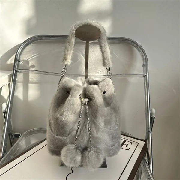 Y2K Bag Real Mink Bags Plush Handbag Fashion Designer High-End Luxury Tote Bag Puffy Bag Solid Soft Mink Shuolder Bag