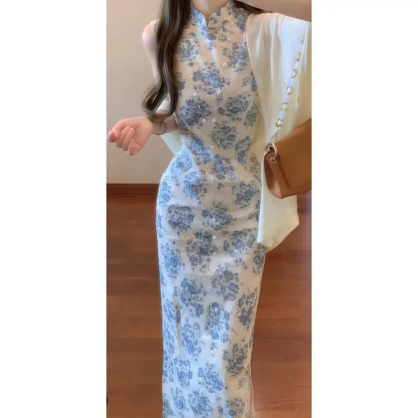 Jing Blue Porcelain Qipao Maxi Dress or Cape