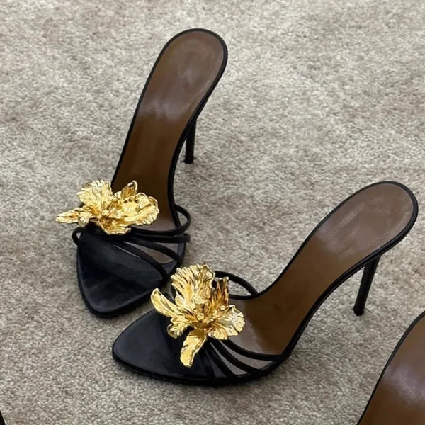 Rosette Metal-Flower Stiletto Sandals