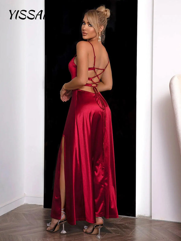 Yissang Lace Up Backless Split Thigh Draped Collar Cami Dress