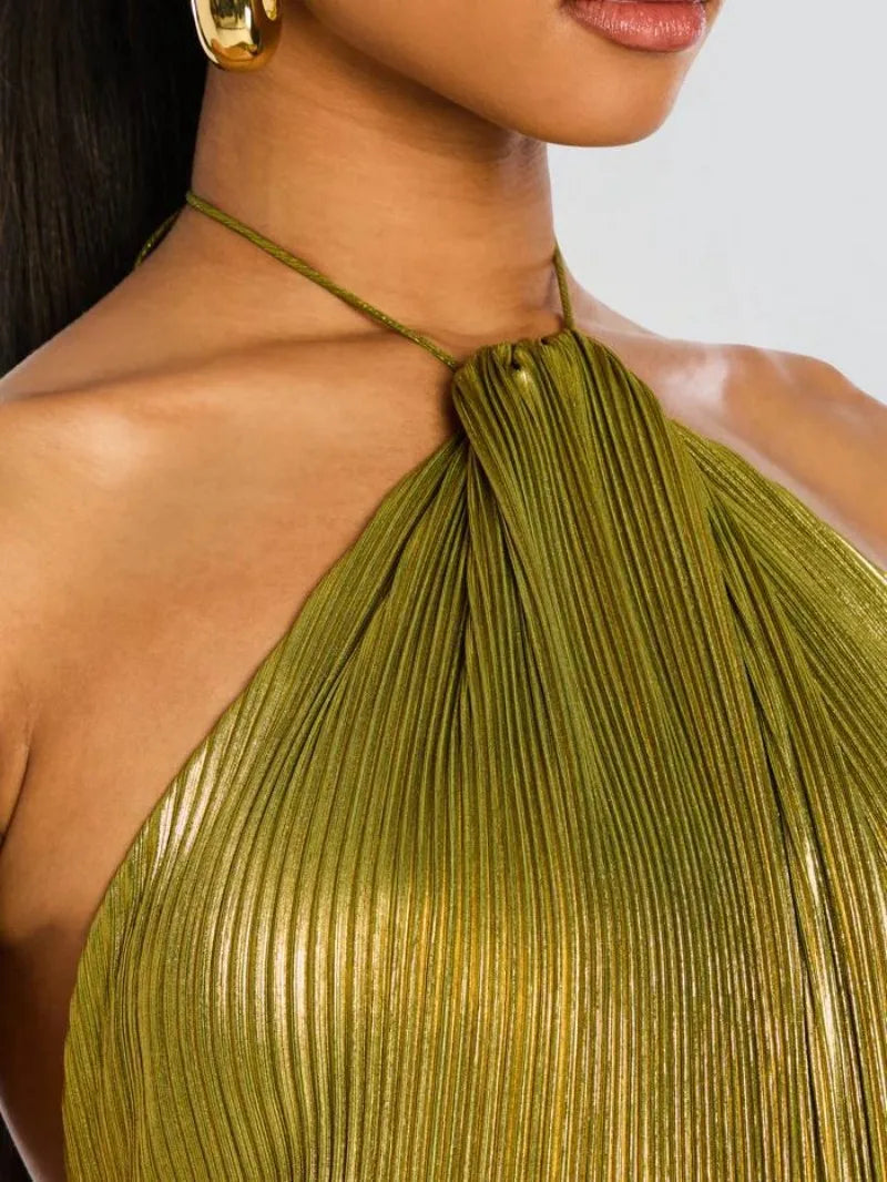 Alina Gold Pleated Halter Maxi Dress
