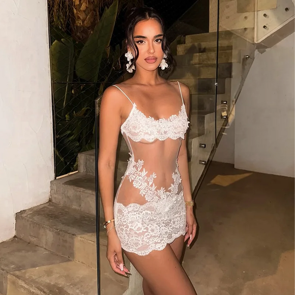 Giulietta Sheer Floral Lace Mesh Cami Lingerie Mini Dress