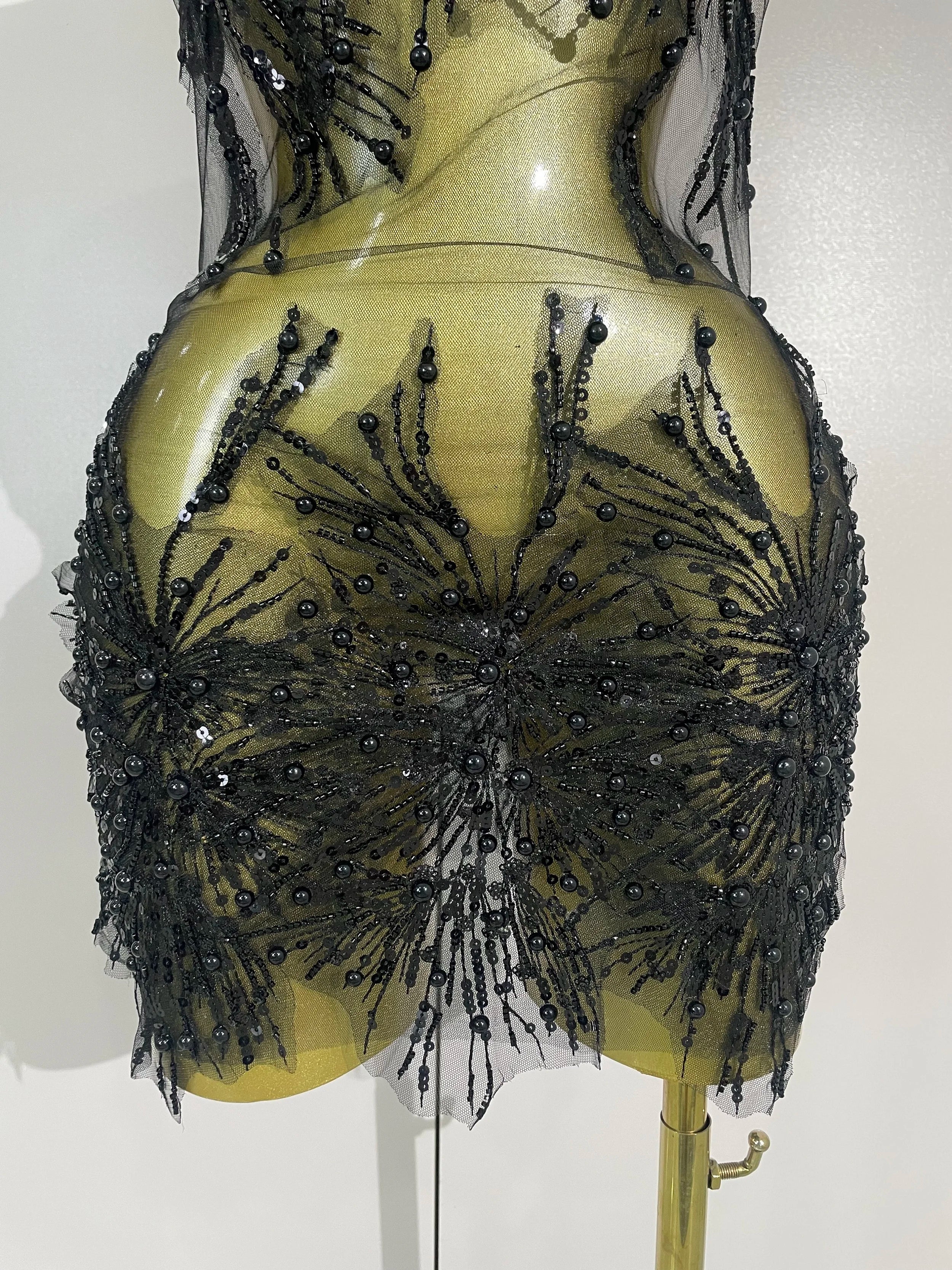 Zahara Pearl Appliqué Sheer Mesh Mini Dress