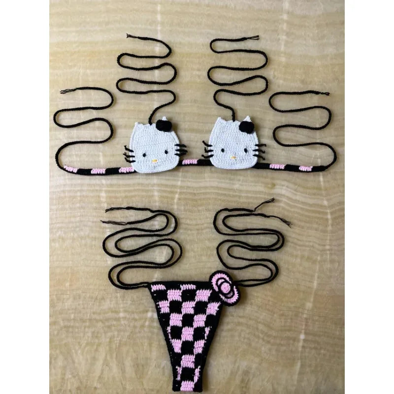 Cute Hello Kitty Ladys Sexy Swimsuit Crochet Bikinis Set Sanrio 2Pcs Womens Swimming Suit Micro Bikini Thongs Bathing Suit Beach