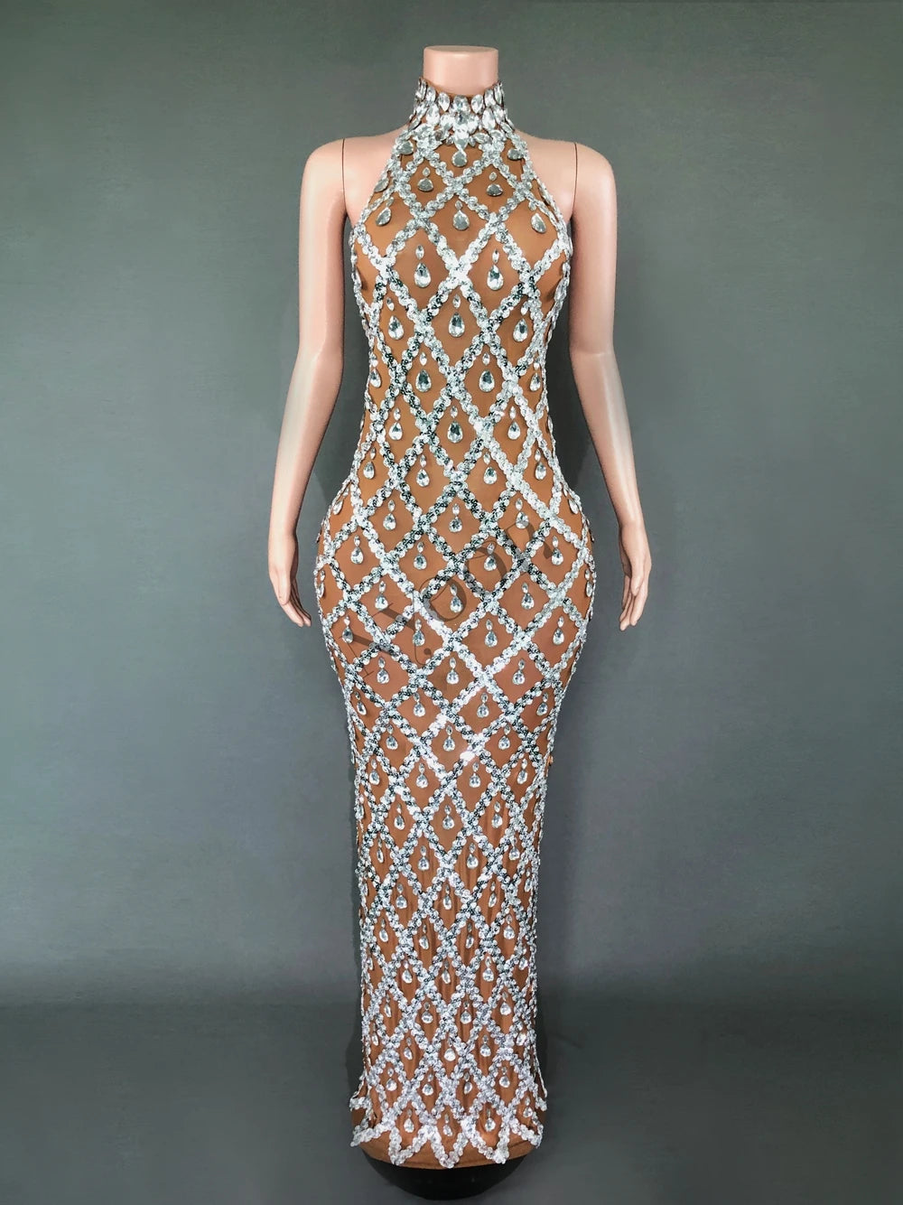 Domitilla Silver Crystal Sheer Mesh Mock-Neck Backless Maxi Gown