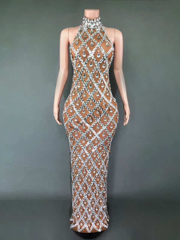 Domitilla Silver Crystal Sheer Mesh Mock-Neck Backless Maxi Gown