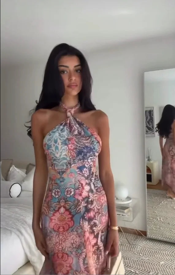 Solana Printed Halter Asymmetric Maxi Dress