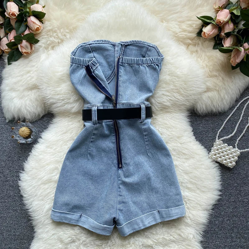 Petra High-Waist Denim Shorts Jumpsuit One-piece
