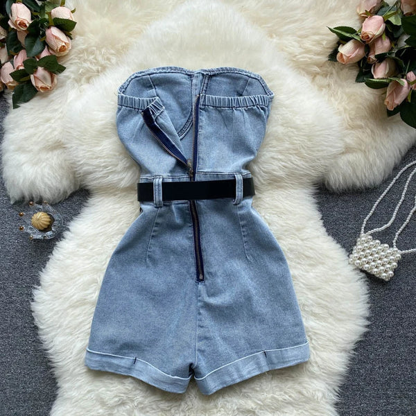 Petra High-Waist Denim Shorts Jumpsuit One-piece
