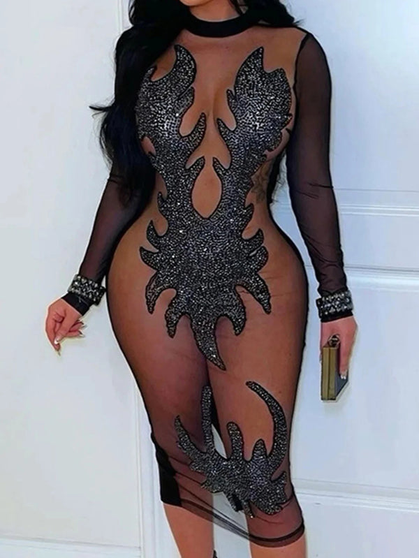 Leonie Sheer-Mesh Sequin Bodycon Midi Dress