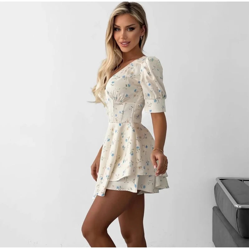 Fleur Printed Satin Puff-Sleeve Mini Dress