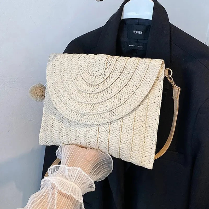 Soleil Woven Straw Envelope Crossbody Bag