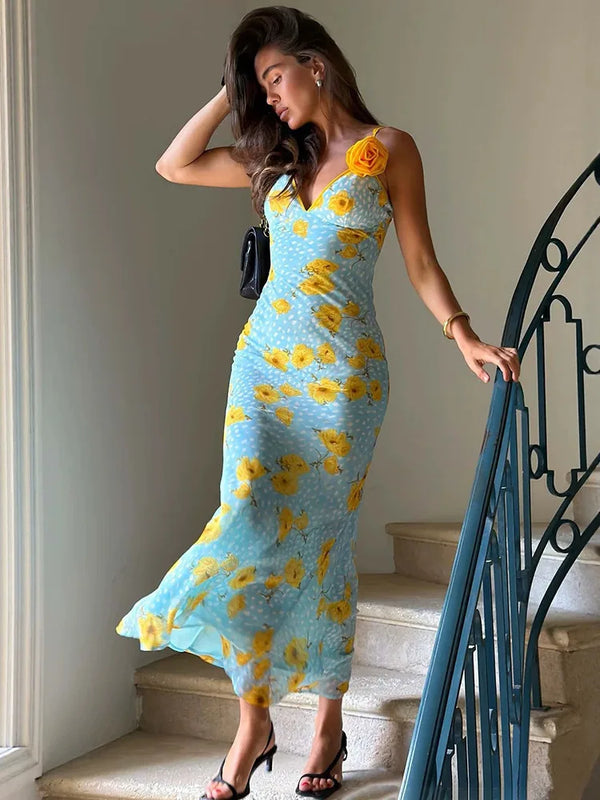 Etta Floral V-Neck Backless Maxi Dress