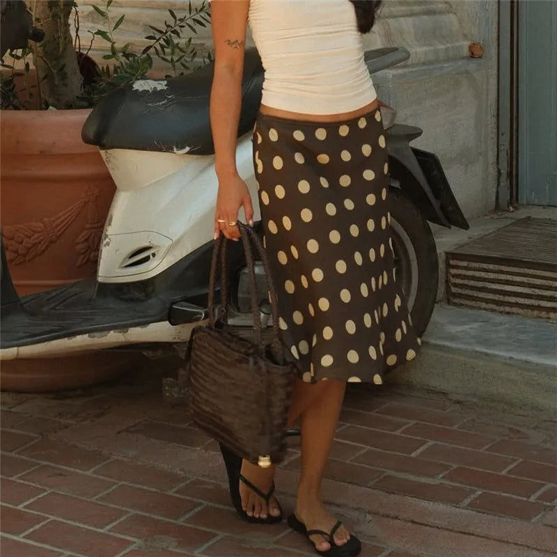 Vintage Y2K Polka Dot Midi Skirt Women High Waist Ruffle Hem Silky Satin Flared Skirt Casual Summer Streetwear Party Skirt