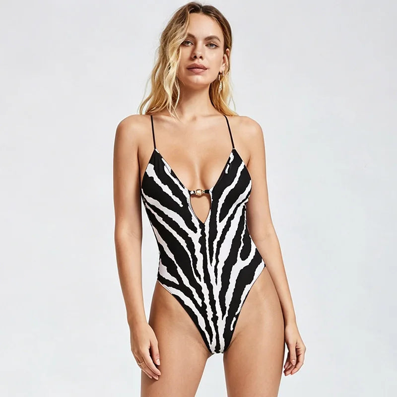 Amarante Zebra Print Deep-V Plunge Monokini One-piece Secondary image