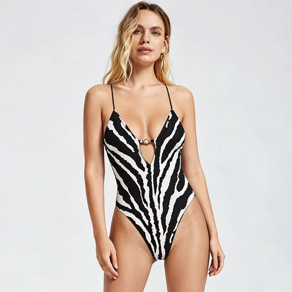 Amarante Zebra Print Deep-V Plunge Monokini One-piece