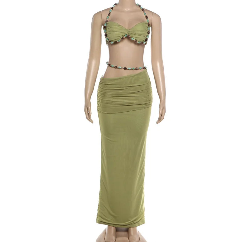 Jade Beaded Halter High-Low Maxi Skirt Set Two-piece