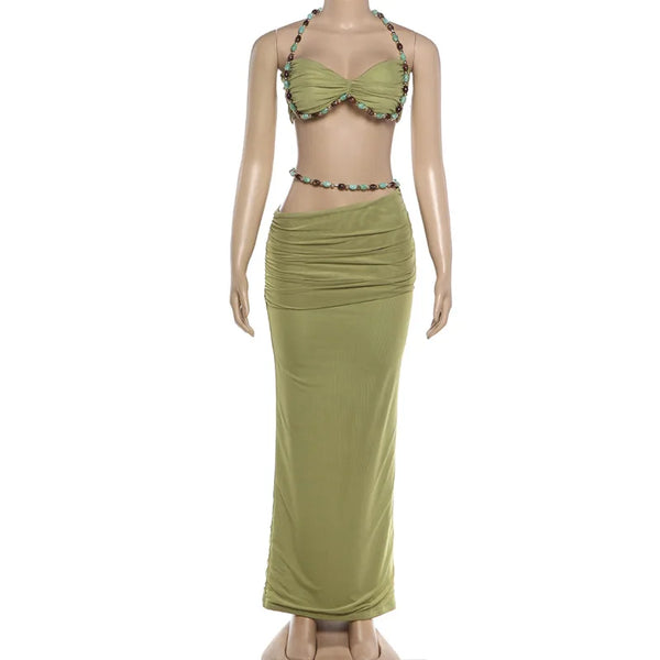 Jade Beaded Halter High-Low Maxi Skirt Set Two-piece