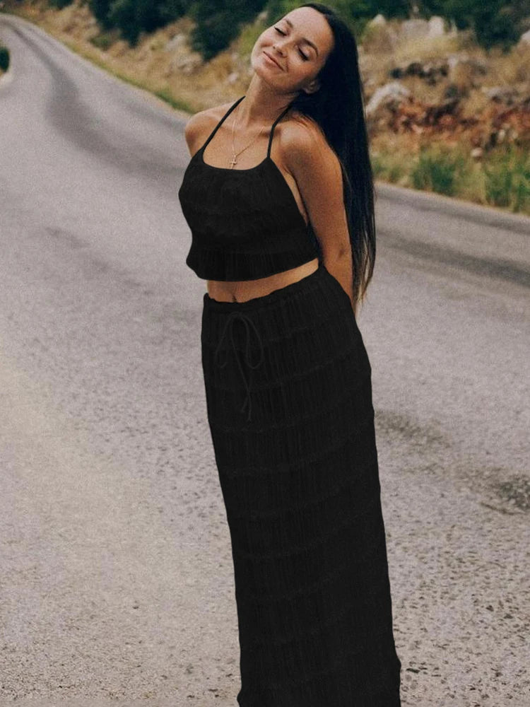 Oksana Sheer Crinkle Mesh Halter Lace-Up Crop Top & Maxi Skirt Two-piece