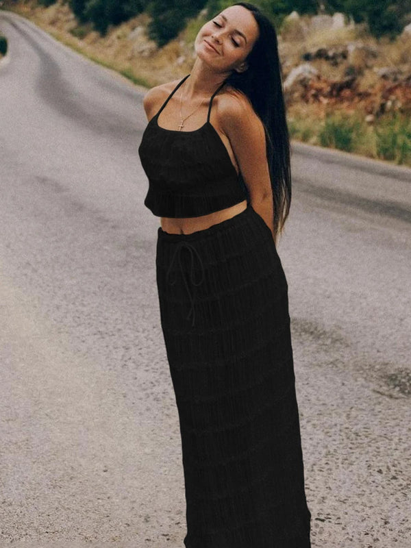 Oksana Sheer Crinkle Mesh Halter Lace-Up Crop Top & Maxi Skirt Two-piece