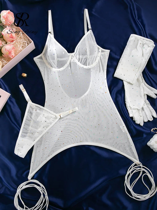 Honorine Shimmer Dot Sheer Mesh Garter Slip, Thong & Gloves Lingerie Three-piece