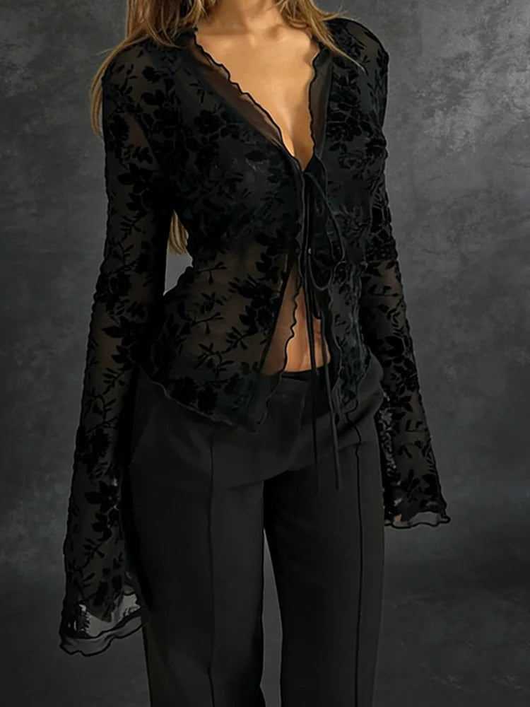 Autumn New Fashionable Chiffon Slim Fit Ruffle Trumpet Sleeve Shirt for Women Main image