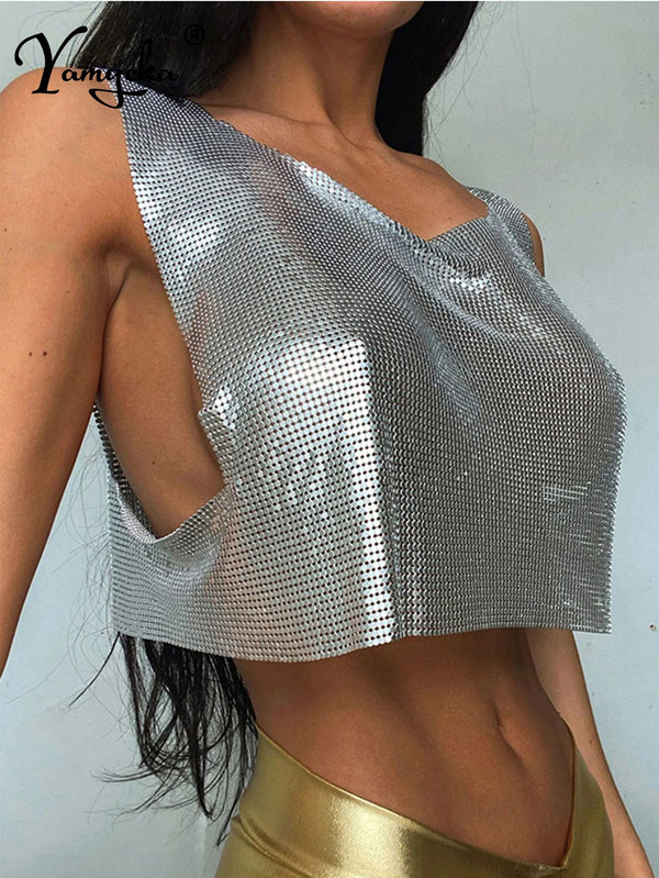Yvette Metal-Sequin Cropped Tank Top One-piece