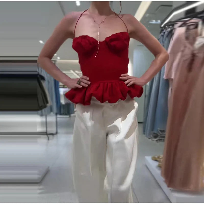 Perpetua Red Halter-Tie Sweetheart Peplum Top One-piece