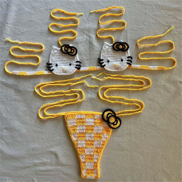 Cute Hello Kitty Ladys Sexy Swimsuit Crochet Bikinis Set Sanrio 2Pcs Womens Swimming Suit Micro Bikini Thongs Bathing Suit Beach