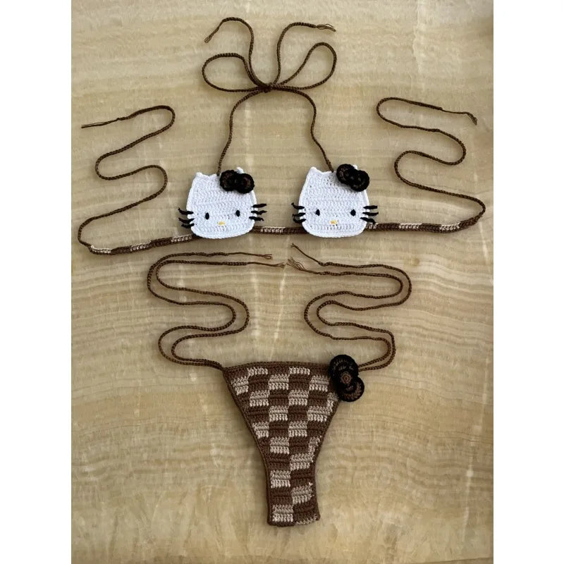 Cute Hello Kitty Ladys Sexy Swimsuit Crochet Bikinis Set Sanrio 2Pcs Womens Swimming Suit Micro Bikini Thongs Bathing Suit Beach