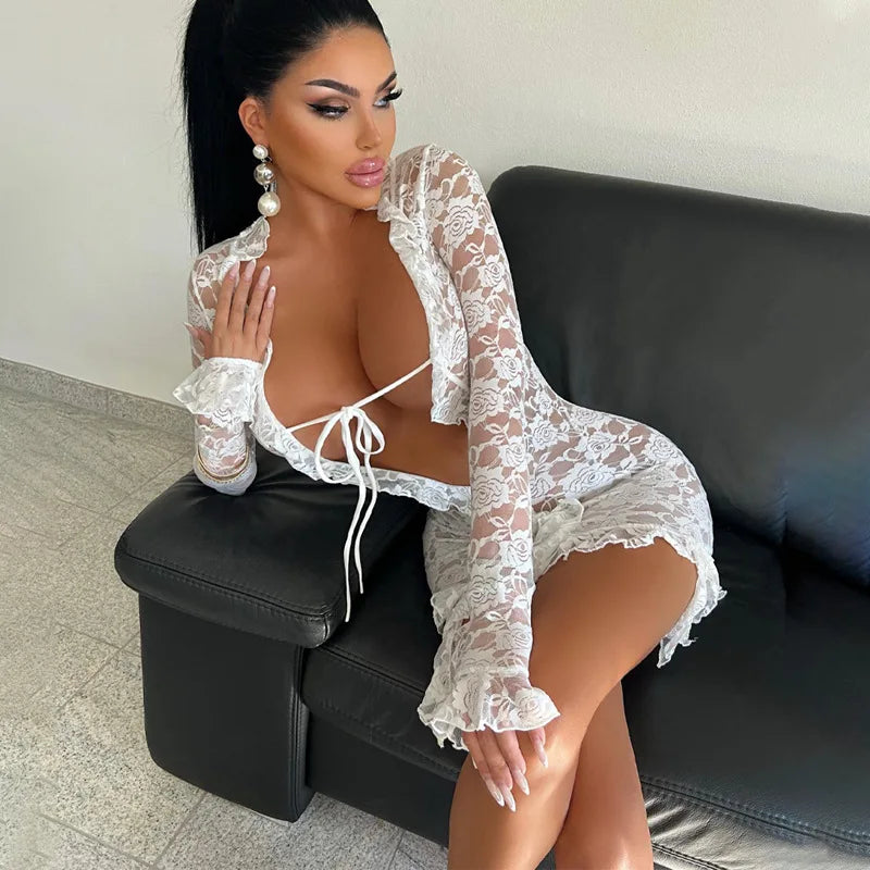 Angelique Sheer Lace Tie-Front Long-Sleeve Mini Dress