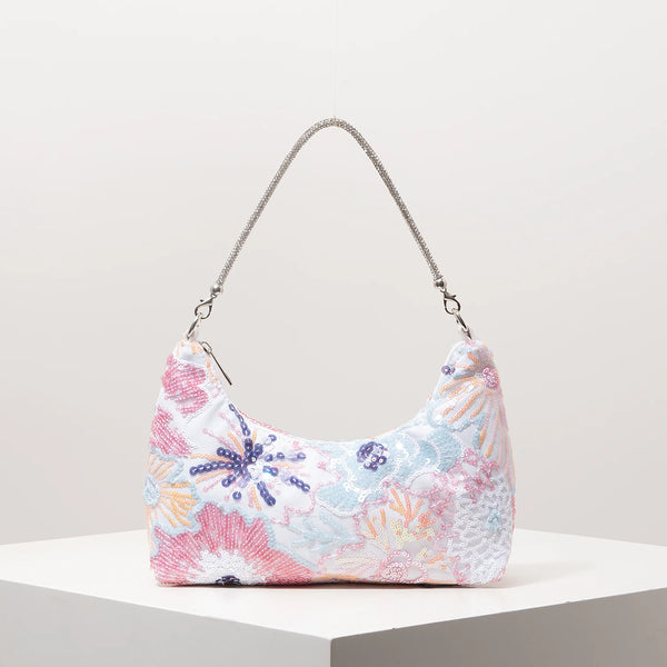 Florentina Floral Sequin Embroidered Half-Moon Shoulder Bag