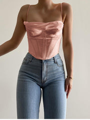 NewAsia Satin Corset Top Spaghetti Strap Lining Cowl Neck Boning Padded 2Layer Backless Zipper Bustier Sexy Crop Tops Women 2021