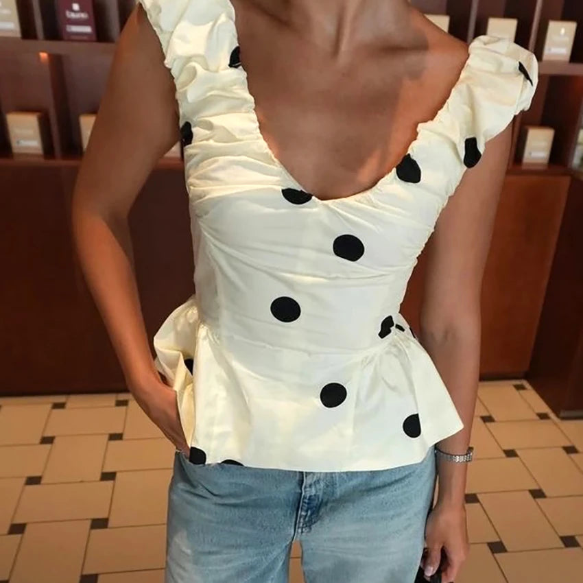 Linad Vintage Polka Dot Backless Tank Tops Summer Street Chic Slim Deep V Neck Vest Casual Ruffles Sleeveless Tops Woman 2026 Main image