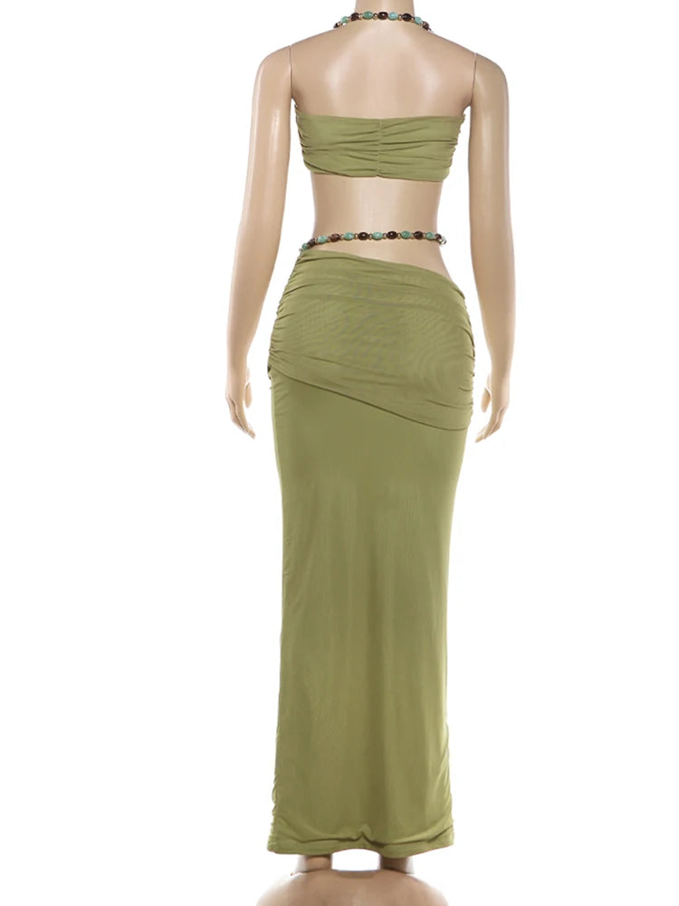 Kliou Beads Decoration 2 Piece Set Woman Halter Low-Neck Backless Camisole Tops+Elastic Waist Long Skirts Elegant Style Outfits