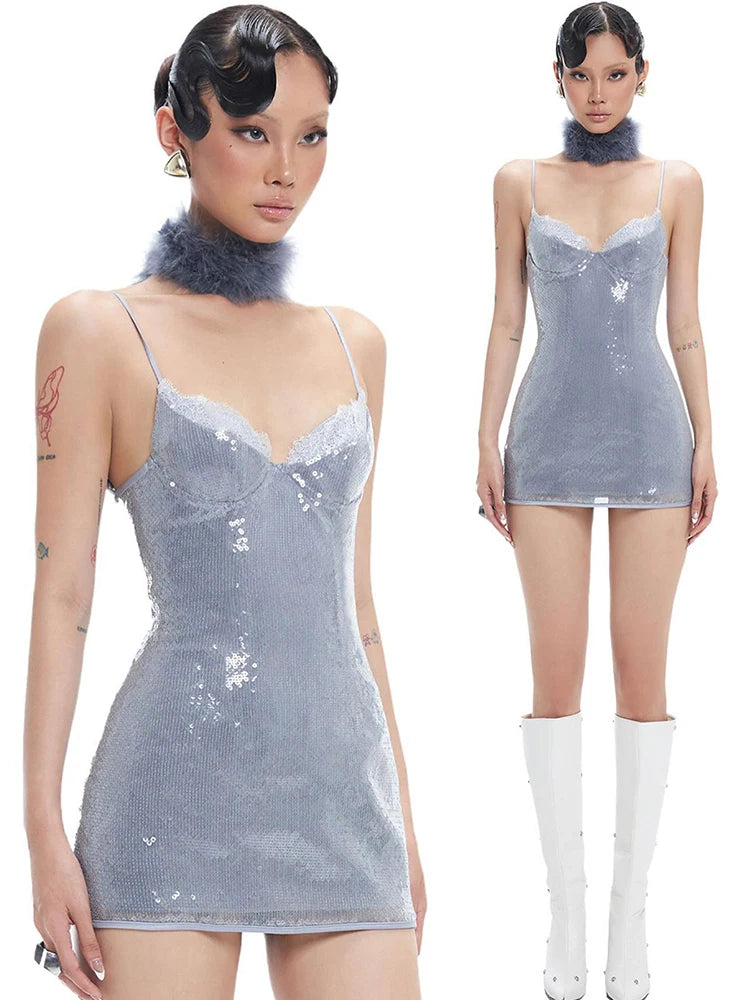 Sienna Sequin Lace Mini Dress with Neck Scarf