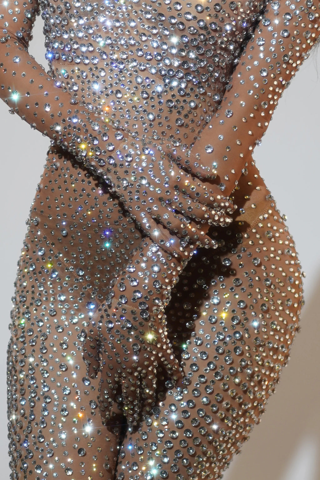 Theodosia Crystal Rhinestone Sheer Illusion Long-Sleeve Jumpsuit One-piece