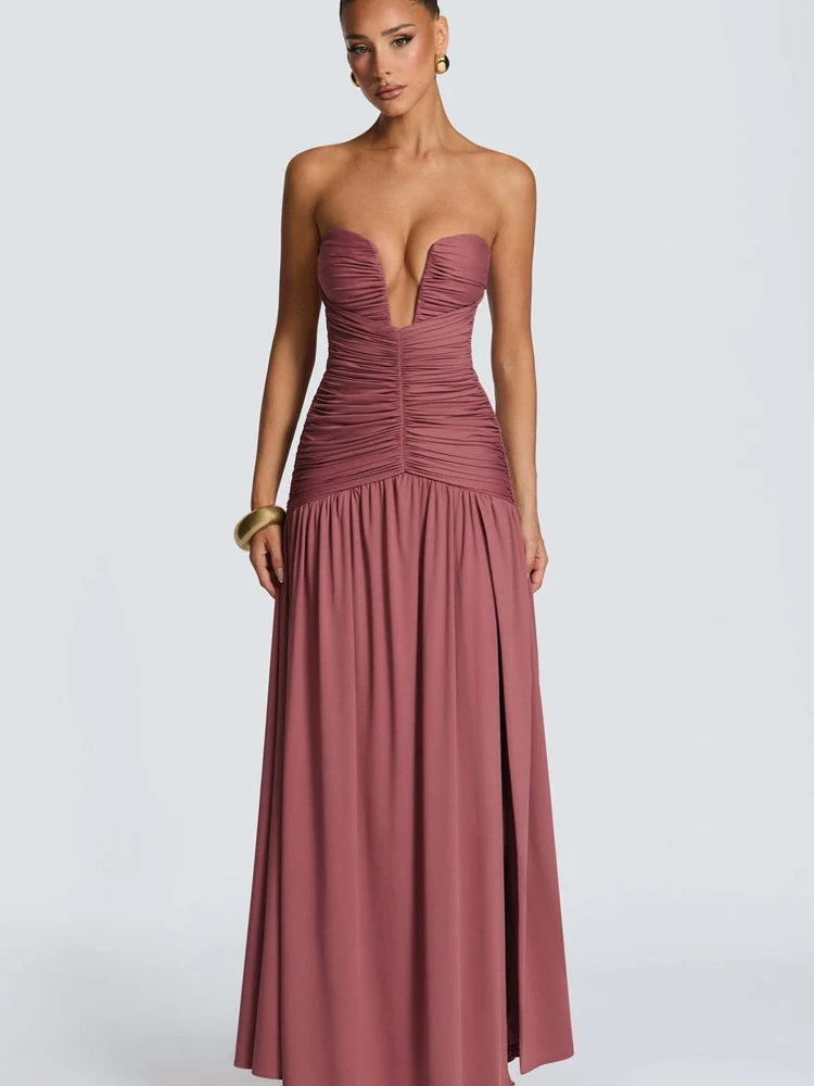 Celestia Strapless Pleated Split Maxi Dress